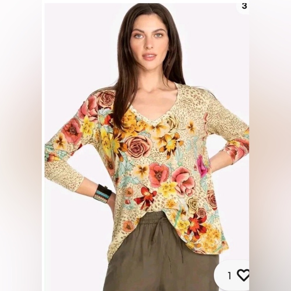 Johnny Was Hera Floral Print V-Neck Swing Tee Blouse Top Bohemian XL Animal - Picture 2 of 6